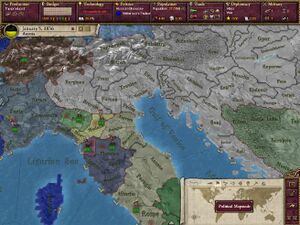 A preview image of Victoria II showing the political map mode, interfaces, in Northern Italy in 1836.